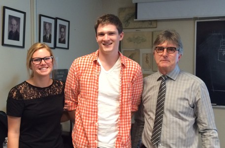 École Polytechnique (R) presents scholarship awards to Emily Griffiths (L) and Malcolm Hodgskiss (Centre), McGill University.