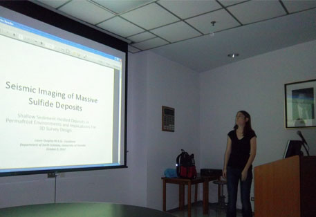 Laura Quigley presents a summary of her graduate research project, 'Seismic Imaging of Massive Sulfide Deposits'.